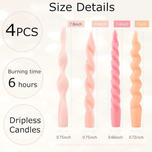 4 Pack Twisted Taper Candles Unscented Dripless Spiral Candlesticks Smokeless Swirl Wax Colorful Decorative Candle Sticks for Wedding Dinner Party Home Decor (Pastel Pink Yellow, 7.8 inch) - Image 2