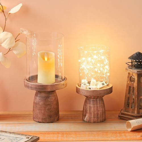 4" & 5" Glass Hurricane Candle Holders with Vintage Natural Solid Wooden Base in Set of 2, Decorative Centerpiece for Home, Coffee Table, Fireplace Mantel, Wedding, Modern Farmhouse Style - Image 4