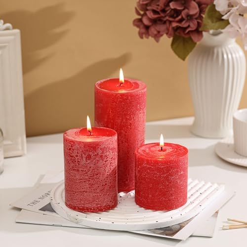 3x4 Inch Bright Red Pillar Candles Set of 3 - Hand-Poured Unscented Candles, Long Clean Burning, Large Big Candle, Smokeless Dripless Candle for Dinner Table, Wedding, Home, Rustic Decor - Image 3