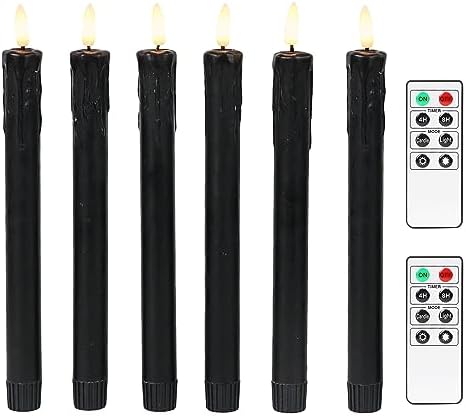 Fanna Black Flameless Taper Candles for Halloween with 2 Remotes, Real Wax Battery Operated Candles with Timer, Warm White Light, 10" Set of 6 by Fanna