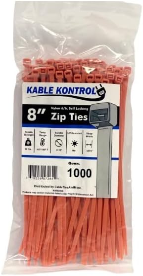 Kable Kontrol Orange Zip Ties 8 Inch 1000 Pcs, 50 Lbs Tensile Strength, Self-locking Nylon Colored Cable Ties Wire Wraps for Indoor or Outdoor Use