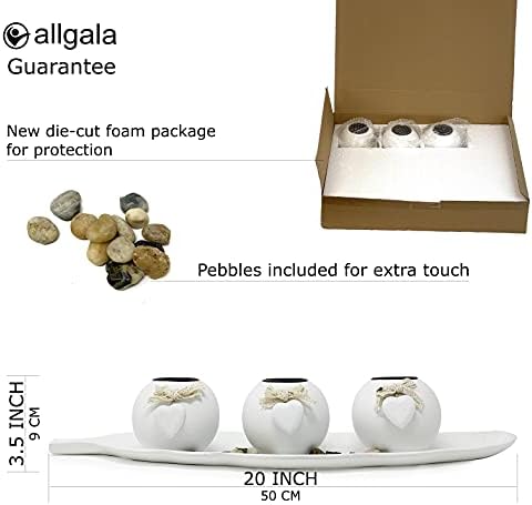 allgala Wooden Candle Holder Tray 3 Ball Orbs Set Tealight Candle Holder Centerpiece with Pebbles on Leaf Tray for Coffee Table Dining Table Accents Bowl for Living Room Décor-White-HD90402 - Image 2