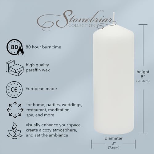 Stonebriar 3 Pack Tall 3 x 8 Inch 80 Hour Long Burning Unscented White Wax Pillar Candles - Image 7