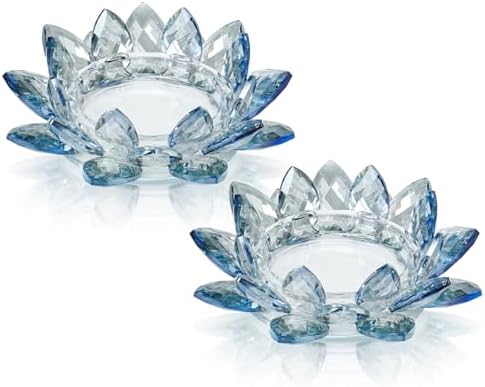 Large Crystal Lotus Tealight Candle Holder for Up to 6" Diameter Pillar Candle Plate Candlestick,Chunky Glass Votive Stand for Wedding, Party, Table Centerpiece Decor and Yoga Meditation (2, Blue) by KOLNLALA