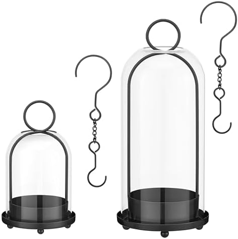 Hurricane Glass Candle Holders for Pillar Candles Set of 2 (5" & 4" Wide), Black Metal Candlestick Holders, Modern Decorative Centerpiece Lanterns for Table Mantel Wedding Housewarming Gift by ECLSDL