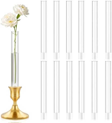 12 Pack 7.9” Acrylic Bud Vase — Cylinder Bud Vase for Taper Candlesticks, Flower Vase with Silicon Rubber Case Fits Candlestick Size 20-22mm, Perfect for Tablescapes, Weddings & Home Decor by Unknown