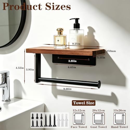 Bathroom Hand Towel Holder/Towel Ring, Premium Metal Wall Mounted Hand Towel Hanger with Wooden Shelf, Heavy Duty Kitchen Towel Holder Rustic Hand Towel Rack for Bathroom Accessories (Black) - Image 2