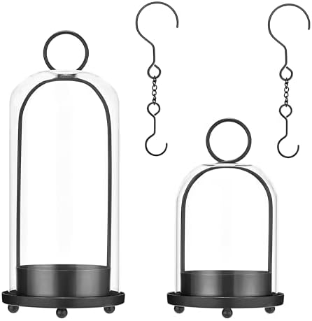 Hurricane Candle Holders Set of 2, 5" & 4" Metal and Glass Candle Lantern with Clear Dome for Pillar Candle, Wedding & Christmas Table Centerpiece, Farmhouse Home Decor (Black, Large & Small) by VAUWINEK