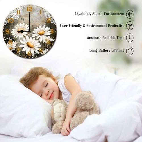 Chamomile Flowers Daisies Wooden Silent Non-Ticking 10 Inch Round Clocks Battery Operated Analog for Living Room Kitchen Bedroom Bathroom Office Home School Decor