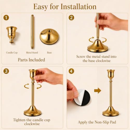 Brass Gold Taper Candle Holders Set of 24PCS, Vintage Metal Candlestick Holders with Anti-Slip Pads, Perfect for Table Centerpiece/Mantel/Party/Wedding/Christmas/Shabbat/Home Decor - Image 4