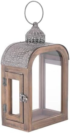 11" High Farmhouse Decorative Lantern, Glass and Metal, Distressed Brown Wood Finish, Rustic Brown Metal Top, Indoor Outdoor Candle Holders (Rustic Brown, 7"X4") by Unknown