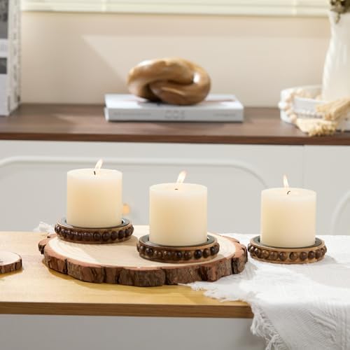 Set of 3 Acacia Wood Candle Holder Plate Stand for Pillar Candles - Image 5