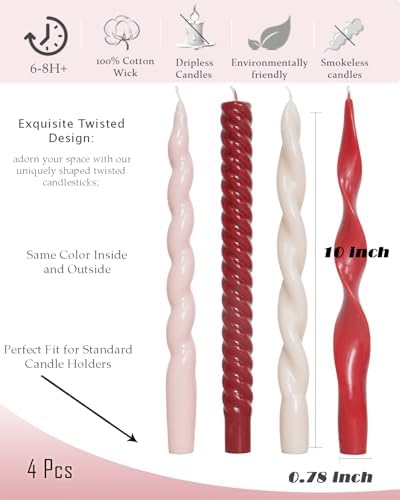 Red Taper Candles Spiral Candlesticks Unscented Smokeless Tall Candles for Christmas Wedding Holiday Dinner Party Home Decorative candles-10inch,4pcs - Image 6
