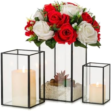 Hewory Glass Hurricane Candle Holder, 6Pcs Black Rectangle Flower Holders by Hewory