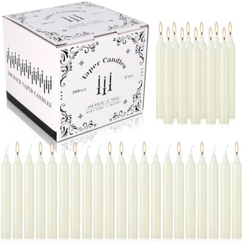 100 Pack Ivory Taper Candles 4 Inch, Unscented Dripless Mini Dinner Candles with Cotton Wick, Smokeless Premium Wax for Wedding, Party, Home Decor & Rituals by HELLY