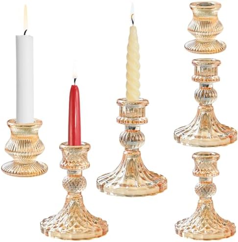 Glass Candlestick Holders Set of 6, Taper Candle Holder for Wedding Festival Christmas Party Valentine's Decor, Table Centerpieces (Amber) by TINMIX