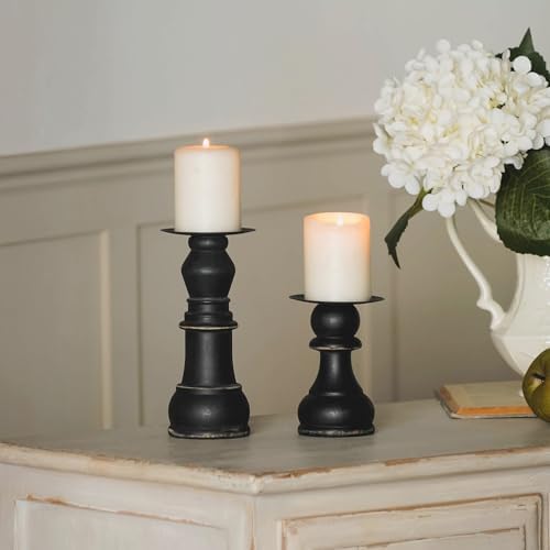 NIKKY HOME Farmhouse Wooden Pillar Candle Holders Set of 2, Black by NIKKYHOME