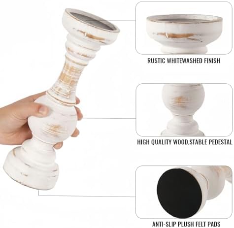 CedarLux Rustic Pillar Candle Holder, 11 Inch White Wooden Candlestick Holders, Farmhouse Candle Stands for Pillar Candle, Decorative Wood Candlestick Holders for Living Room, Table Centerpiece - Image 2