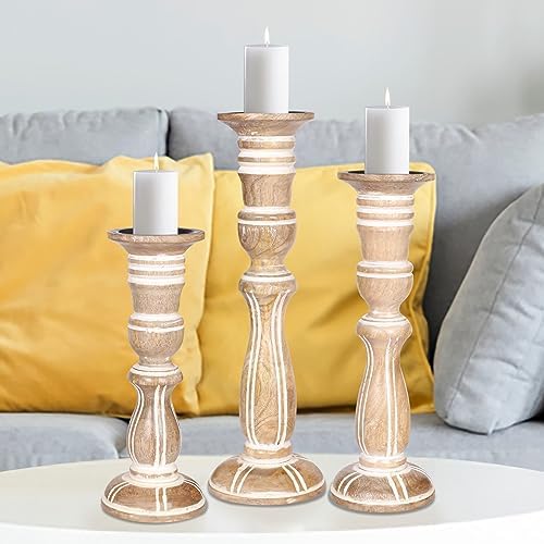 Wooden Candle Holder Set of 3, Tall White Antique Pillar Candle Holders, Rustic Farmhouse Decor, Brown Wooden Candle Stands for Home Decoration - 16, 14, 12 Inch Height - Image 6