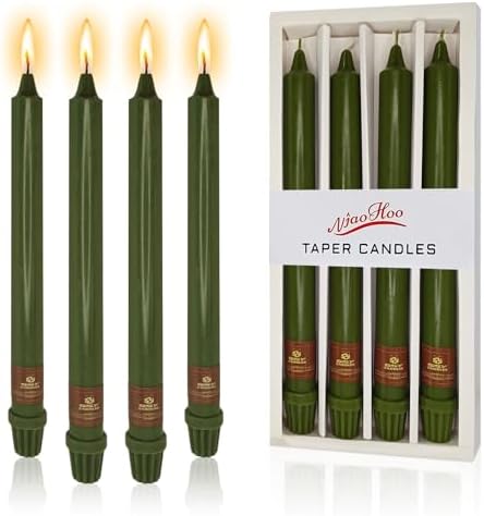NJAO HOO Olive Green Taper Candle 10 Inch Christmas Candlesticks Unscented Dripless Handmade Candles for Home Decor Dinner New Year Party, 4 Pack by NJAOHOO