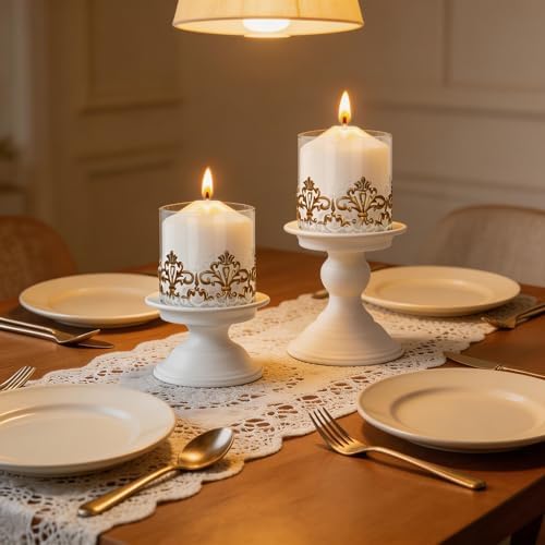 2 PCS Hurricane Candle Holder with Glass Sleeve, Gothic Metal Vintage Candle Holders, Large Table Centerpieces Candle Stand for Weddings and Events, White, L+L - Image 4
