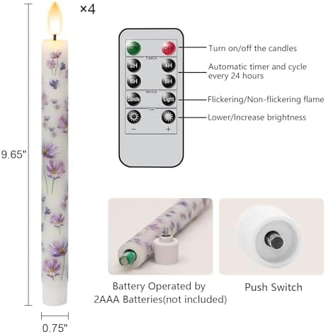 Purple Flower Flameless Taper Candles Battery Operated with Remote Timer - Image 6