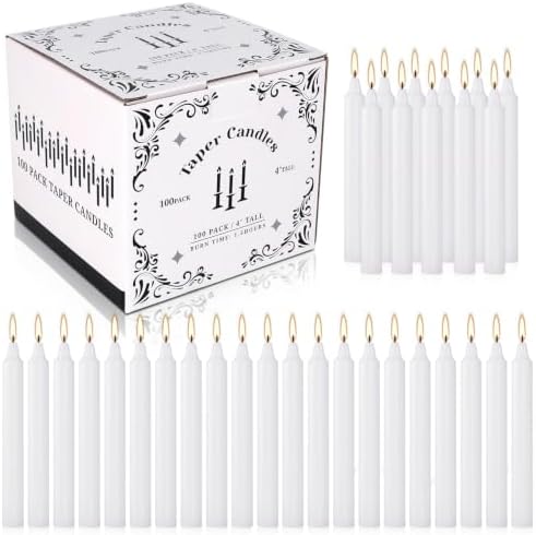 100 Pack White Taper Candles 4 Inch, Small Dinner Candles Dripless Unscented, Premium Wax with Cotton Wick, Long Burning for Wedding, Party, Home & Church Decor by HELLY