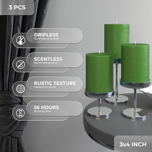 CANDWAX 3x4 inch Grass Green Pillar Candles Set of 3 - Unscented Dripless Rustic Grass Green Candles for Weddings, Centerpieces, Home Décor, Party Decorations - Image 3