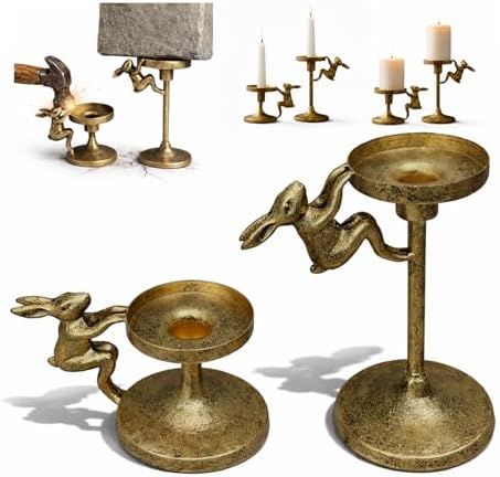 Set of 2 Cast Iron Climbing Bunny Candle Holders, Vintage Heavy-Duty Decorative Stands for 7/8" Taper Candlesticks and 3" Pillar Candles, Lively Easter & Spring Mantel Decor (Antique Brass) by DJGUS