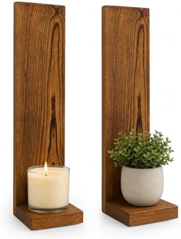 Wall Candle Sconces Set of 2, Rustic Wood Farmhouse Wall Decor, Vintage Brown Candle Holders for Living Room, Bedroom & Hallway by Unknown