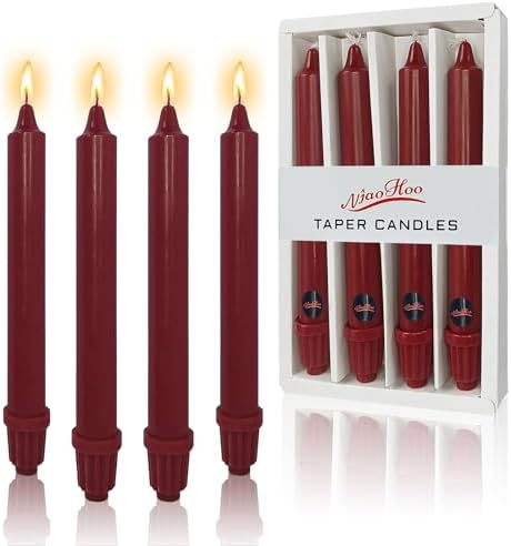 NJAO HOO Burgundy Taper Candle 8 Inch Christmas Candlesticks Red Unscented Dripless Handmade Candles for Home Decor Dinner New Year Party, 4 Pack by NJAOHOO