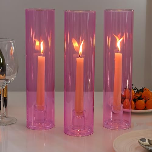 Vixdonos Glass Hurricane Candle Holder Set of 3 Modern Candlestick Holders Long Taper Candle Stand with 11.8 inch Tall Cylinder Windproof Cover for Wedding Party Table Centerpiece Outdoor by Vixdonos