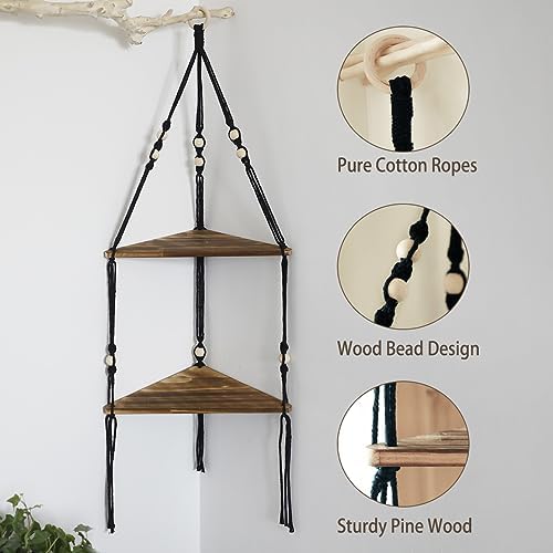 Artilady Corner Shelf Macrame Wall Hanging Balck, Boho Wood Storage Decor - Image 6
