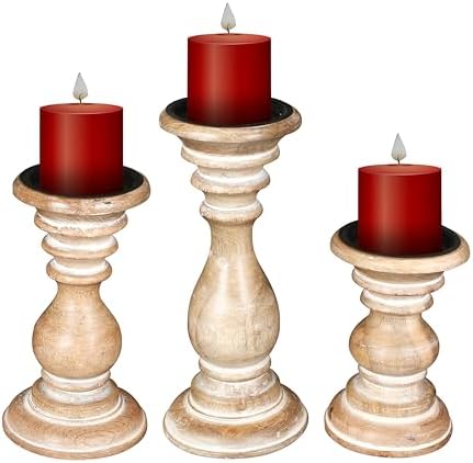 Pillar Candle Holders Set of 3 (10",8" & 6" Height)_White Wash,Candle Holder in Mango Real Wood,Decorative Candle Holders for Table Centerpiece, Wedding, Party, Home Décor, spa, Farmhouse, Gifting - Image 6
