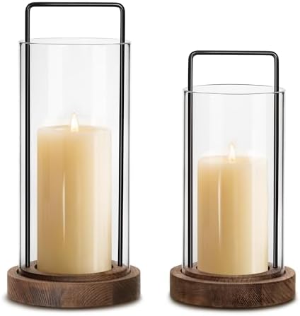 Houmury Farmhouse Candle Holder Decor Boho Glass Hurricane Lantern for Table Centerpieces Set of 2 Decorative Wood Metal Candle Holders for Living Room Dining Patio Home Decoration (Brown) by Houmury