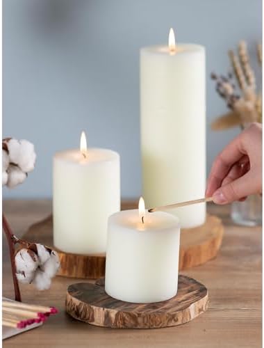 CANDWAX Assorted Pillar Candles Set of 3 – Sizes 3", 4", 8" Unscented Dripless Large Candles, Rustic Style Long Burning for Weddings, Home Decor – Ivory - Image 5