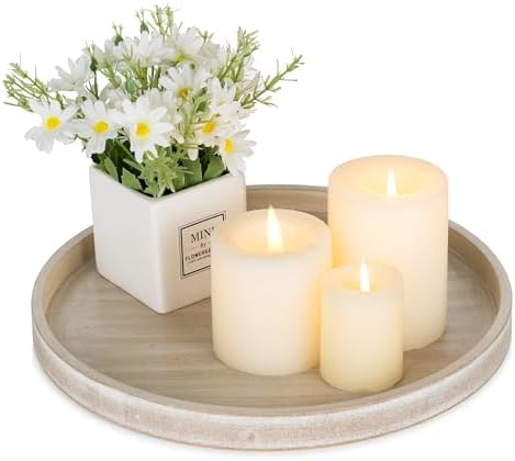 Hanobe Candle Plate Holder Tray: Whitewash Round Wood Candle Plate Decorative Centerpiece Small Tealight Pillar Trays for Living Room Dining Coffee Table Home Decor by Hanobe