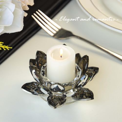Lotus Black Crystal Tea Candle Holder Crystal Wishing Tealight Candlestick Stand Exquisite Desktop Decoration Holiday Celebration Wedding Restaurant Party Atmosphere Decoration (4 Pcs, Dark Grey) - Image 4