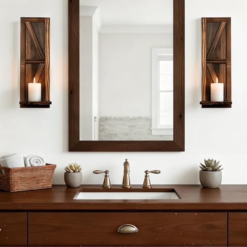 Wall Candle Holders Set of 2, Farmhouse Brown Wood Sconces, 15.7"x5" - Image 5