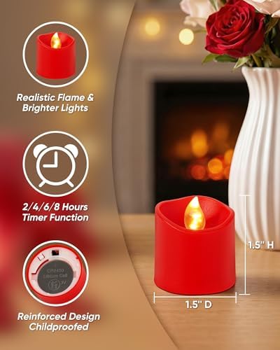 Homemory Red Flameless LED Votive Tealight Candles & Timer Remote, 12Pack - Image 2
