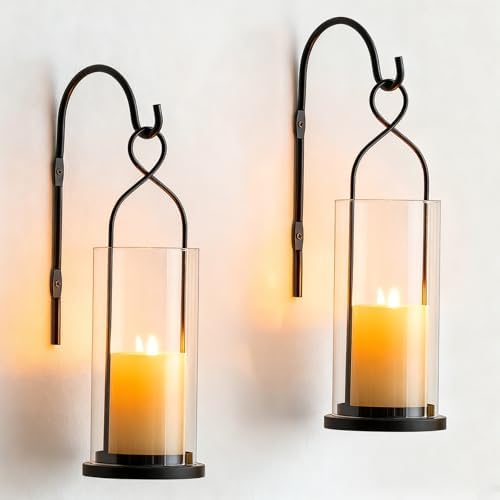 Black Candle Sconces Set of 2, with Hurricane Glass by Walasis