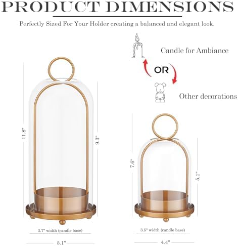 Hurricane Glass Candle Holders for Pillar Candles Set of 2 (5" & 4" Wide), Gold Metal Candlestick Holders, Modern Decorative Centerpiece Lanterns for Table Mantel Wedding Housewarming Gift - Image 2