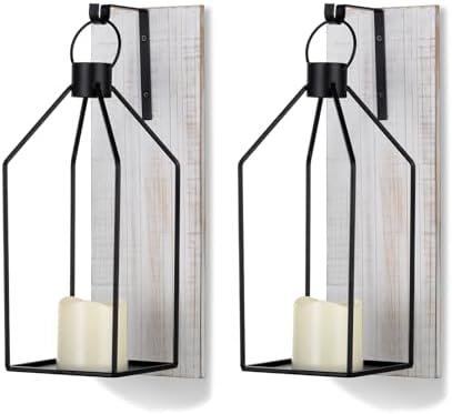 Candle Sconces Wall Decor: Set of 2 Farmhouse Wood Candle Holder Indoor Black Metal Lantern Rustic Decorations for Living Room Front Porch Yard by Staymoment