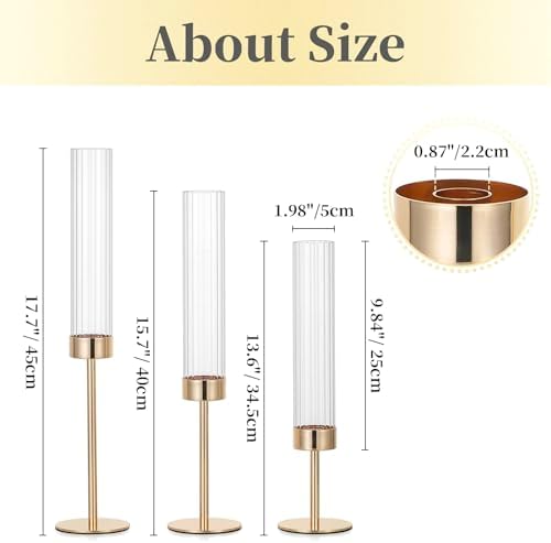 Hewory Gold Taper Candle Holders: Candlestick Holders Set of 3 Hurricane Glass Tall Candle Holder for Candlesticks Candle Sticks Holder Decor for Table Centerpiece Wedding Party Christmas Decorations - Image 2