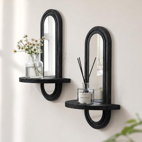 Artilady Floating Shelves with Arched Mirror, Black Boho Wall Decor Storage by Artilady