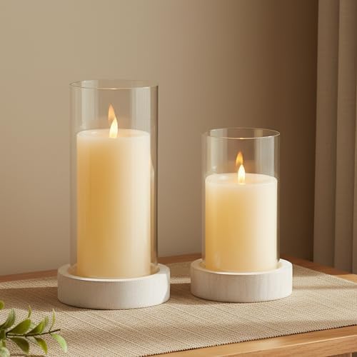 Ronasip Set of 2 Hurricane Candle Holders with Wood Base & Glass Cylinder (4.2x5.9” & 4.6x7.8”) – Rustic Wooden Candle Holders for Home Decor, Weddings, Table Centerpieces (2, White) by Unknown
