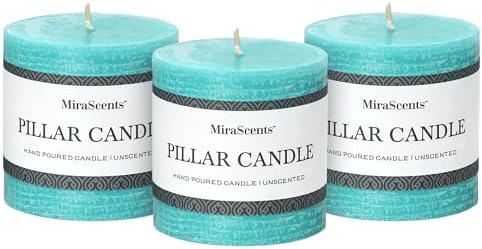 3x3 Inch Turquoise Pillar Candles Set of 3 - Unscented Candles, Long Clean Burning, Large Big Candles, Smokeless Dripless Pillar Candles for Dinner Table, Wedding, Home, Bathroom, Rustic Decor by MiraScents