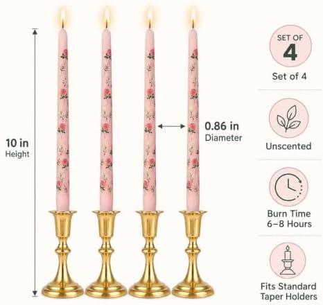 Print Taper Candles Dripless Candlesticks - 4pcs Handmade Floral Candle Long Candle Sticks 10inches Flower Tapered Candles for Home Party Wedding Restaurant Holiday Decor,8D4T-RONEW - Image 3