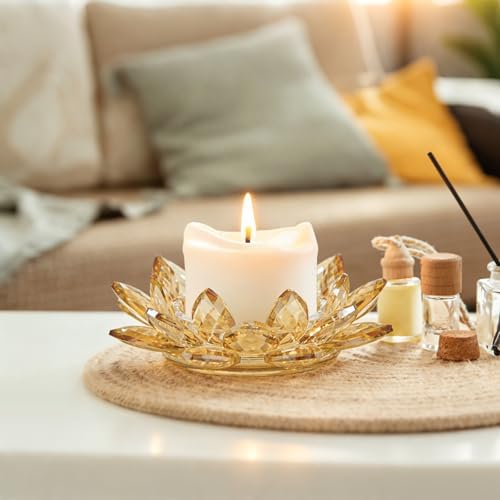 Large Crystal Lotus Tealight Candle Holder for Up to 6" Diameter Pillar Candlestick, Chunky Glass Votive Stand for Wedding, Party, Table Centerpiece Decor and Yoga Meditation (1, Gold) - Image 5