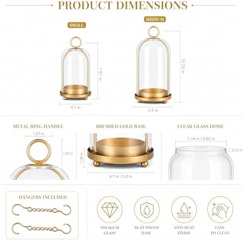 Glass Dome Candle Holders Set of 2, Antique Brass Metal Pillar Candle Holder, Hanging or Tabletop Hurricane Candle Holder for Home Decor, Farmhouse & Centerpiece (5.2” & 4.1”) - Image 2